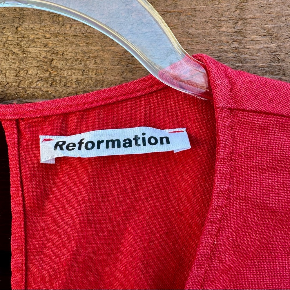 Reformation Rodin Plunge V-Neck 100% Linen Wrap Mini Dress M Red - Picture 3 of 9